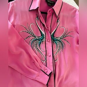 Bob Mackie: Pink Shirt 100% Silk Peacock Embroidery